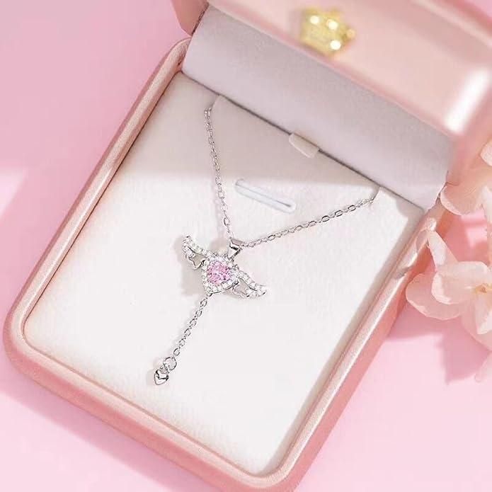 Silver Plated Chain With Heart Angel Wings Pendant