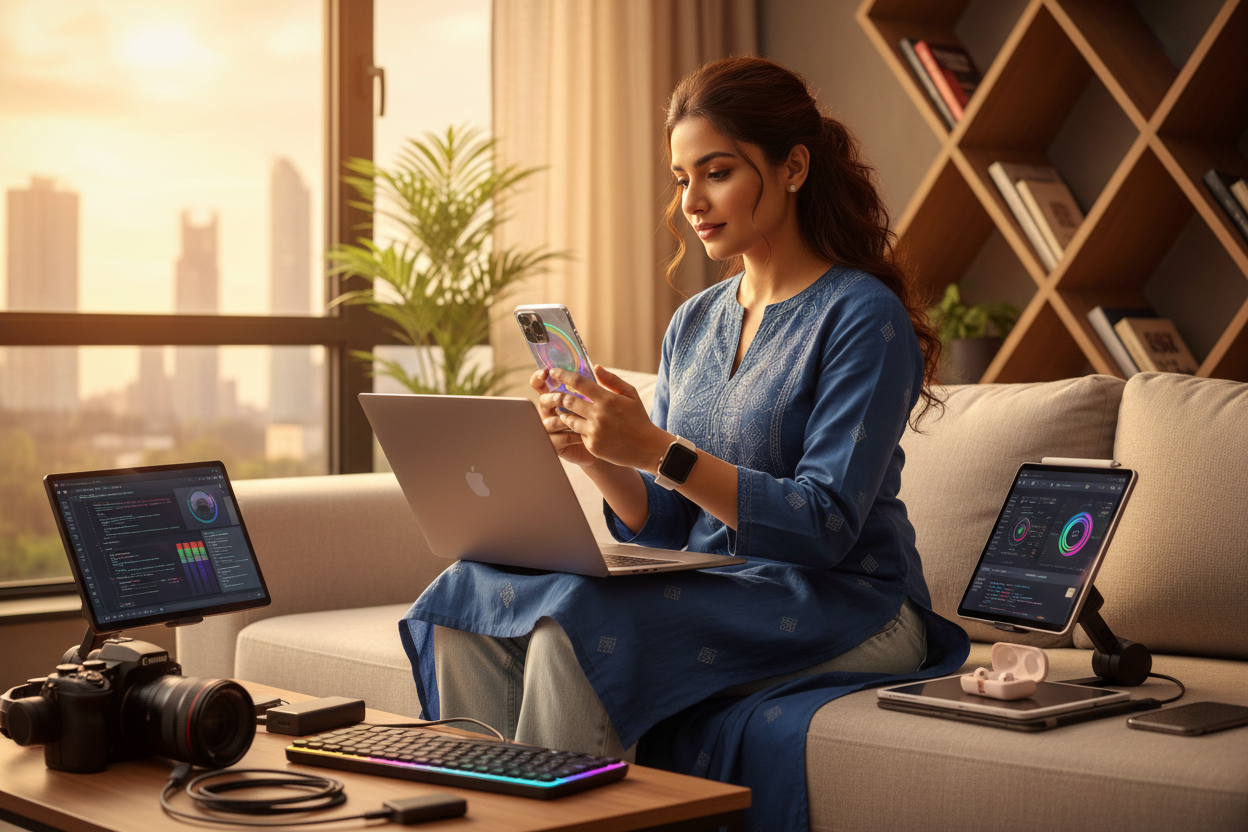 indian women with many gadgets
